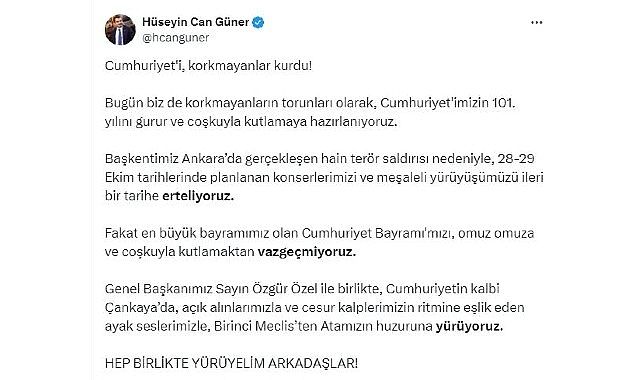 Çankaya Belediye Başkanı Hüseyin Can Güner’in Cumhuriyet Bayramı Etkinlikleri ile İlgili Açıklaması